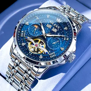OLEVS Men's Blue Fashion Automatic Mechanical Watch With Diamonds 41mm Luminous Waterproof Stainless Steel Strap Luxury Business Dress Wristwatch