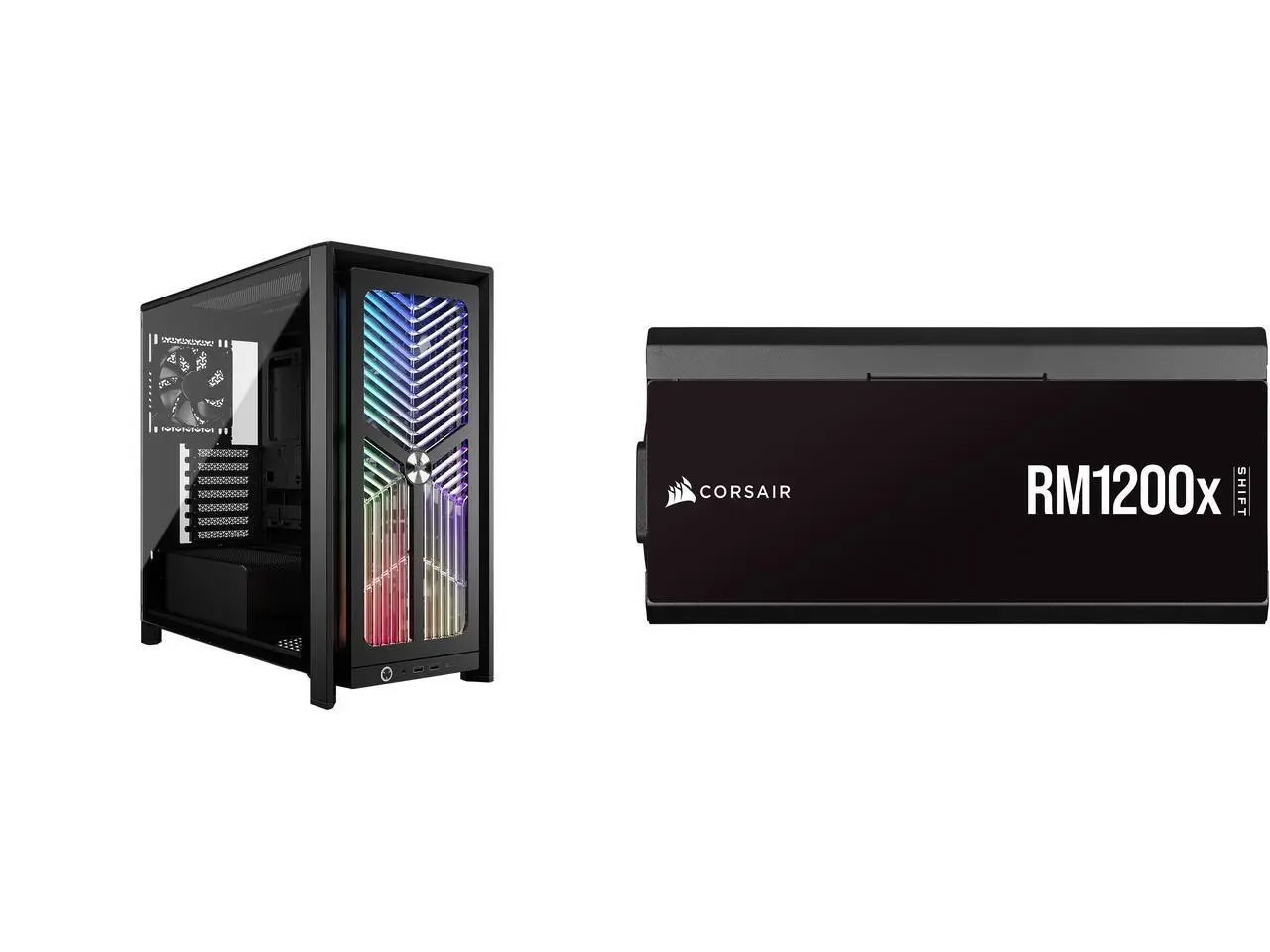 CORSAIR 4000X RS Mid-Tower PC Case, Black - RGB front panel - 4x RS120 fans - Dual 360mm radiator support - ASUS BTF, MSI Project Zero - Black CORSAIR RMx Shift RM1200x Modular 80PLUS Gold ATX Power Supply