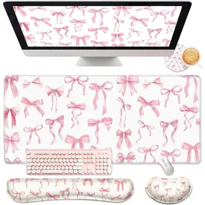 4 count  Bow Keyboard Mat and  Pad Set  Desk Mat Bowknot  Pad with Wrist Rest Cute Keyboard Wrist Rest Preppy Cup Coasters   Design for Office Table Computer