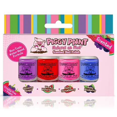 Piggy Paint Scented 4-Polish Box - Kids' Non-Toxic Nail Polish Set, Assorted Colored Fun Colors (Grape, Watermelon, Strawberry, Blueberry), Dries Hard