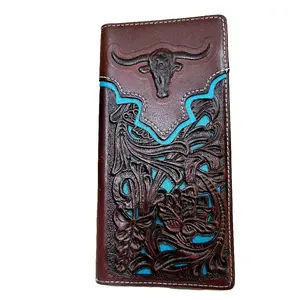 Longhorn Western Genuine Leather Wallet Bi-Fold 7 Inches Long with 13 Credit Card Slots, 4 Cash Compartments & Back Pocket