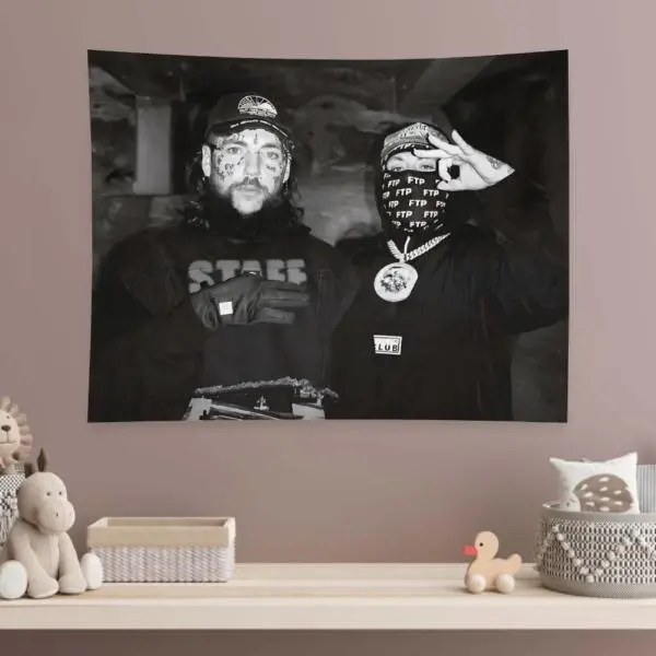 Suicideboys Black-and-White Rap Duo Polyester Print Wall Flag Tapestry Wall Hanging, Unisex Underground Hip Hop Grunge Aesthetic Indoor Room Decor, Machine Washable Home Supplies Accessory, Flags for Room