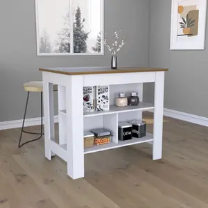 Kitchen Island kitchen table 35" H Four Legs Three Open Storage Shelves White/ Walnut