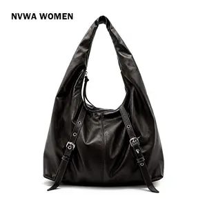 Minimalist Black Hobo Bag Women's Large-Capacity PU Leather Shoulder Underarm Tote Bag with Adjustable Strap for Work Commute Casual Everyday Use