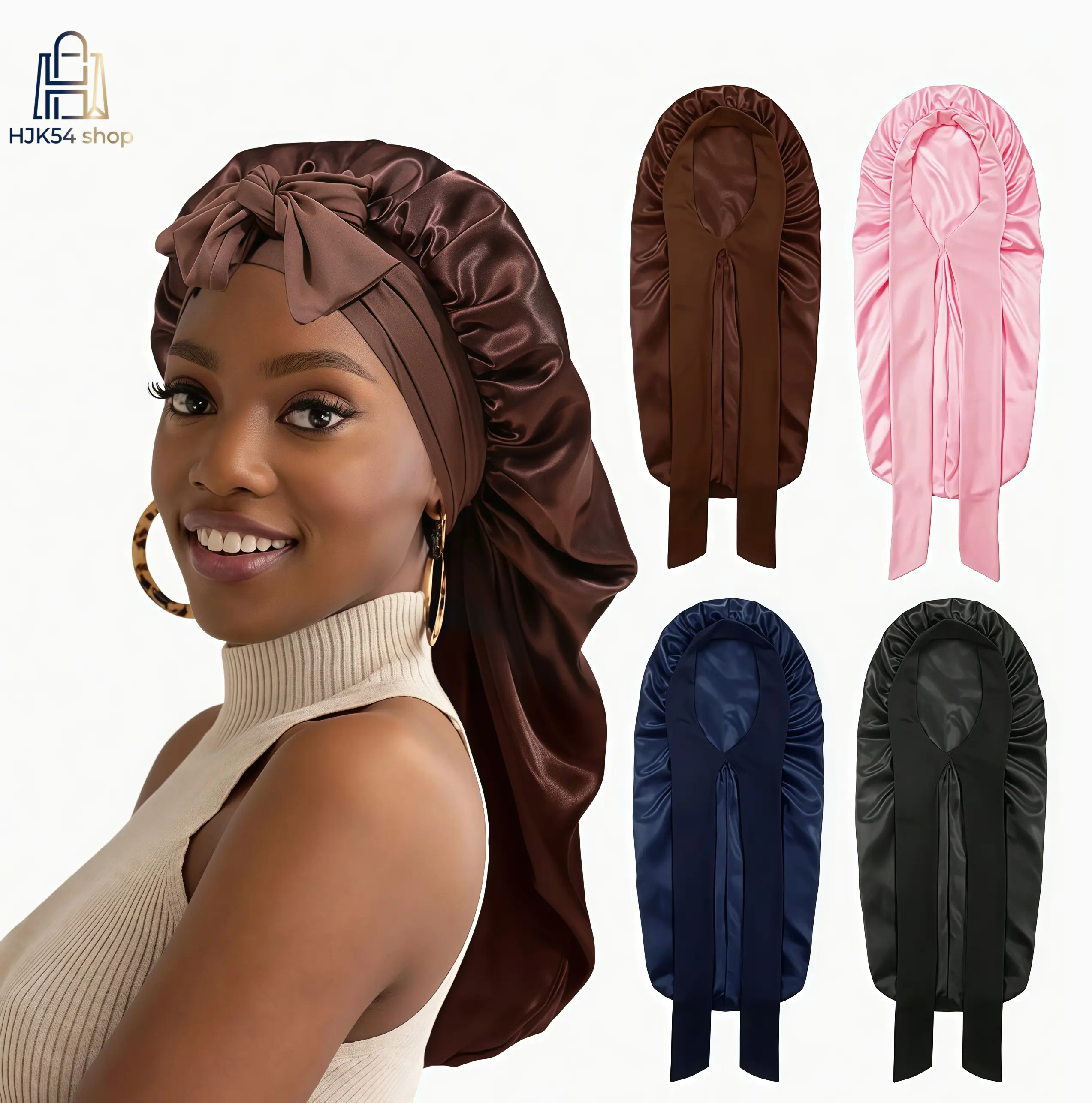 Long Satin Hair Bonnet with Headband Tie, Silky Sleep Cap for Braids, Dreadlocks & Long Hair, Adjustable Satin Night Cap for Hair Protection, No Frizz Hair Wrap for Sleeping