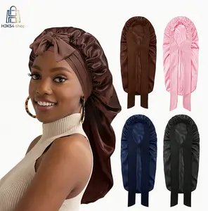 Long Satin Hair Bonnet with Headband Tie, Silky Sleep Cap for Braids, Dreadlocks & Long Hair, Adjustable Satin Night Cap for Hair Protection, No Frizz Hair Wrap for Sleeping