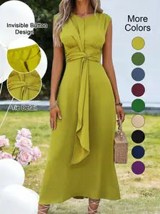 Women's Sleeveless Round Neck Plain Waist-Cinched A-Line Dress with Slimming Front Design, Perfect for Daily Commute