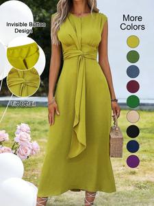 women's plain twist ribbon tank dress, casual stylish elegant sleeveless round neck midi dress for summer, minimalist ladies clothes for beach holiday, summer dresses, womenswear