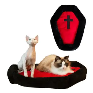 Cat Beds for Indoor Cats, Gothic Cat Beds Fits up to 25 lbs, Washble Coffin Cat Bed, Fluffy Pet Bed, Halloween House 24 * 16.9 Inch, Red & Black Small