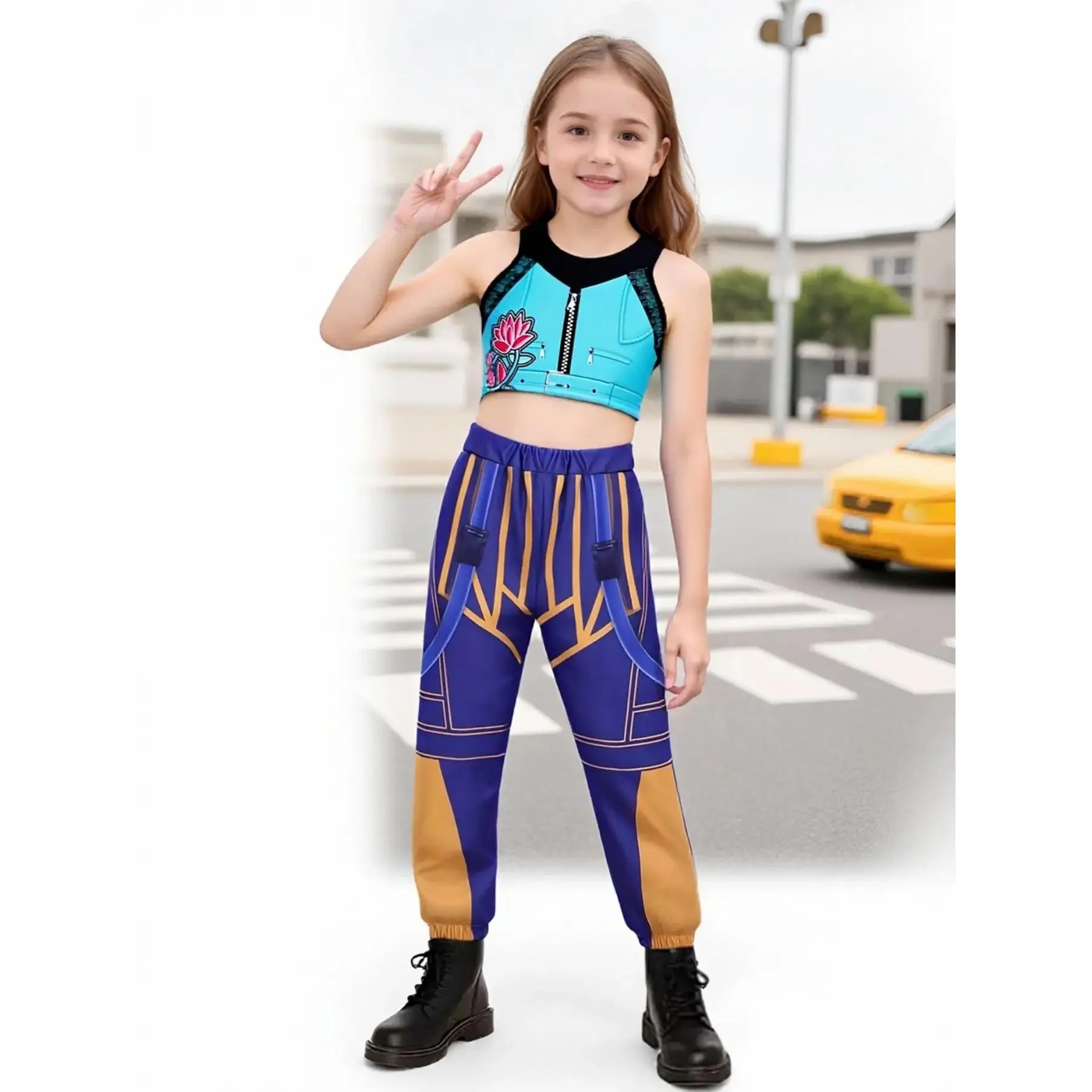 2-Piece K-Pop Zoey Cool Girls Vest and Long Pants Costume Set, Starfire Costume, Trendy Halloween for Girls, All Seasons Fitted Cartoon Apparel