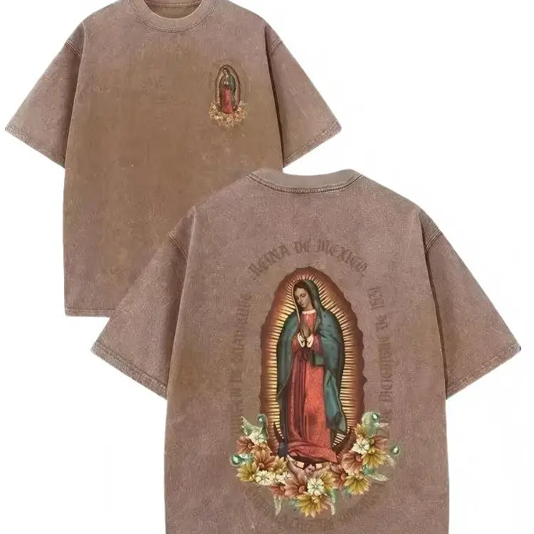 Women's Cotton Cultural Flower Portrait Printed Oversized Crewneck T-Shirt - Loose, Stylish, Aesthetic, Breathable, Faith + Culture Themed, Washed-Out Double-Sided Vintage Top for Casual Summer Wear