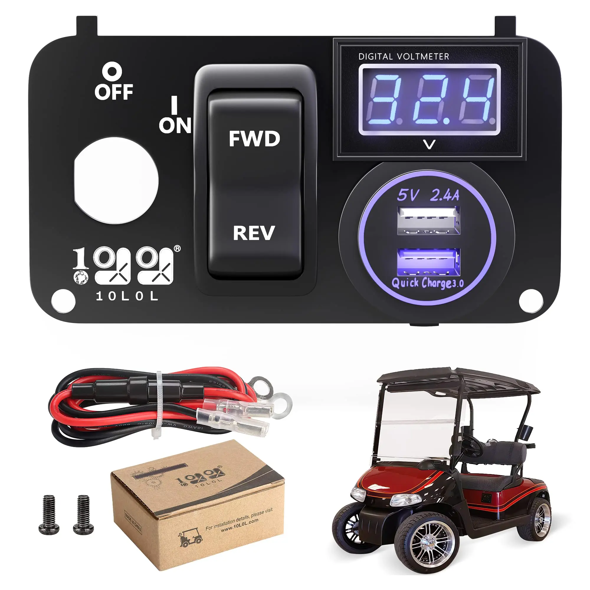 10L0L Golf Cart Key Switch Console Panel for EZGO TXT PDS 2003-up Electric Models, with 12V QC3.0 Fast Charge Dual USB Charging Socket & LED Digital Voltmeter & Forward Reverse Switch