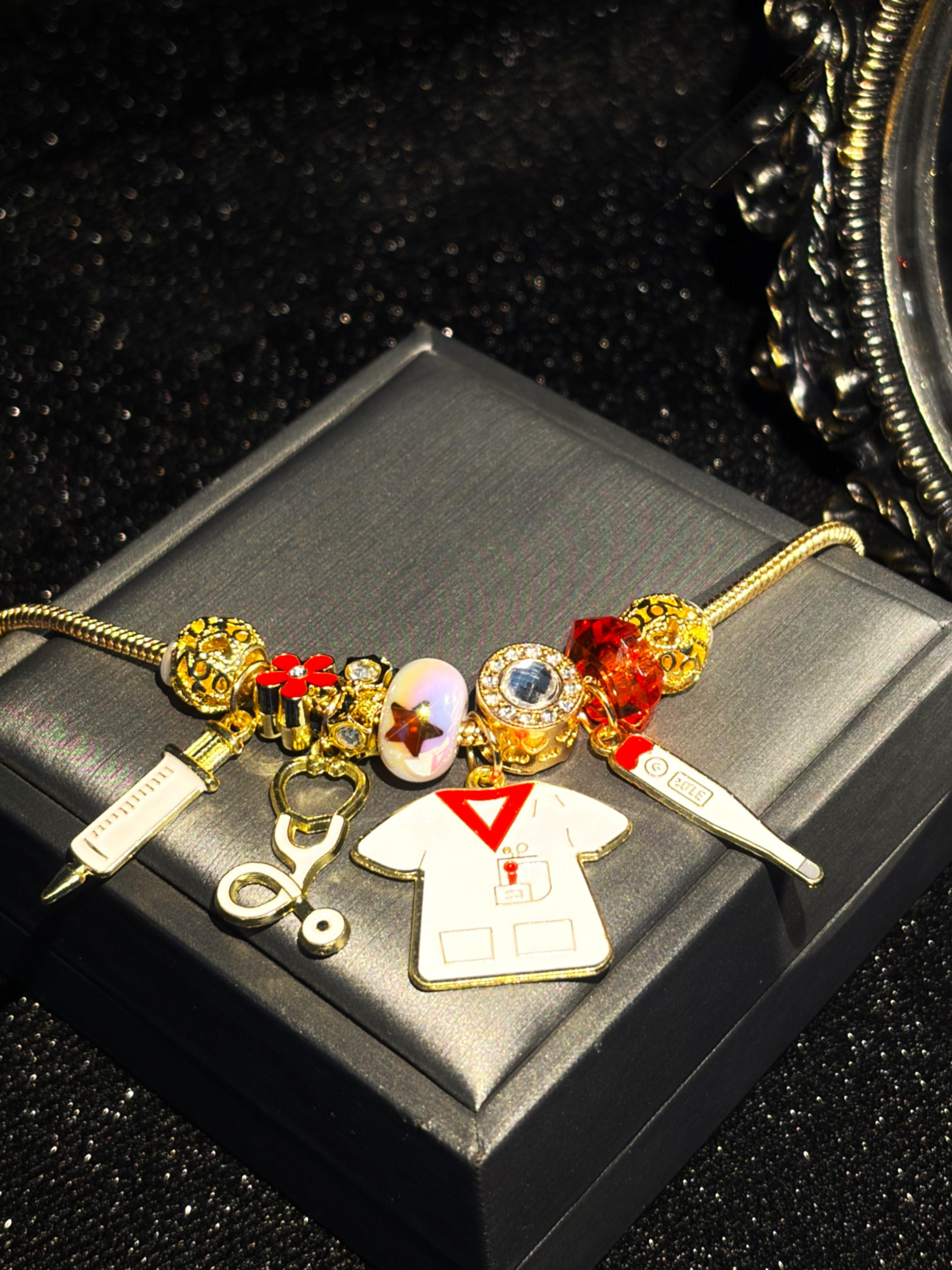 Women's Appreciation-Themed Gold-Tone Beaded Charm Bracelet with Uniform-Style Dangle Charms, Meaningful Costume Jewelry Gift