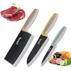 3PCS Kitchen Knvies, Includes 7 inch Chef Knife, 7 inch Cleaver Knife and 4.5 inch Boning Knife, Stainless Steel with Ergonomic Rubber Handle, Dishwasher Safe (Orange, Yellow, Blue)
