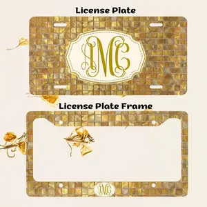 Gold Mosaic Monogram License Plate and Plate Frame Personalized Car Tag 12x6 Aluminum Custom Name Plate Luxury Aesthetic Car Accessories Elegant Tile Pattern Gift for Women