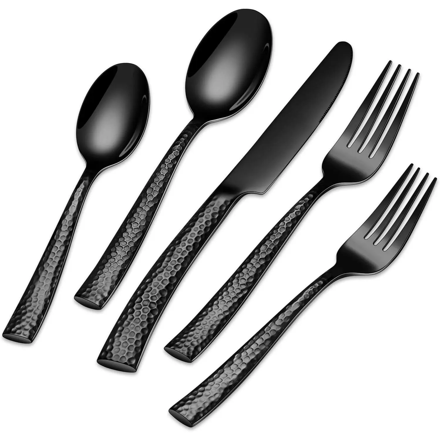 40-Piece Ergonomic Black Hammered Stainless Steel Flatware Set for 8, Sturdy Stylish Mirror Polished Cutlery, Dinnerware Set & Tableware Kit, Dishwasher Safe for Home Use, Ergonomic Design