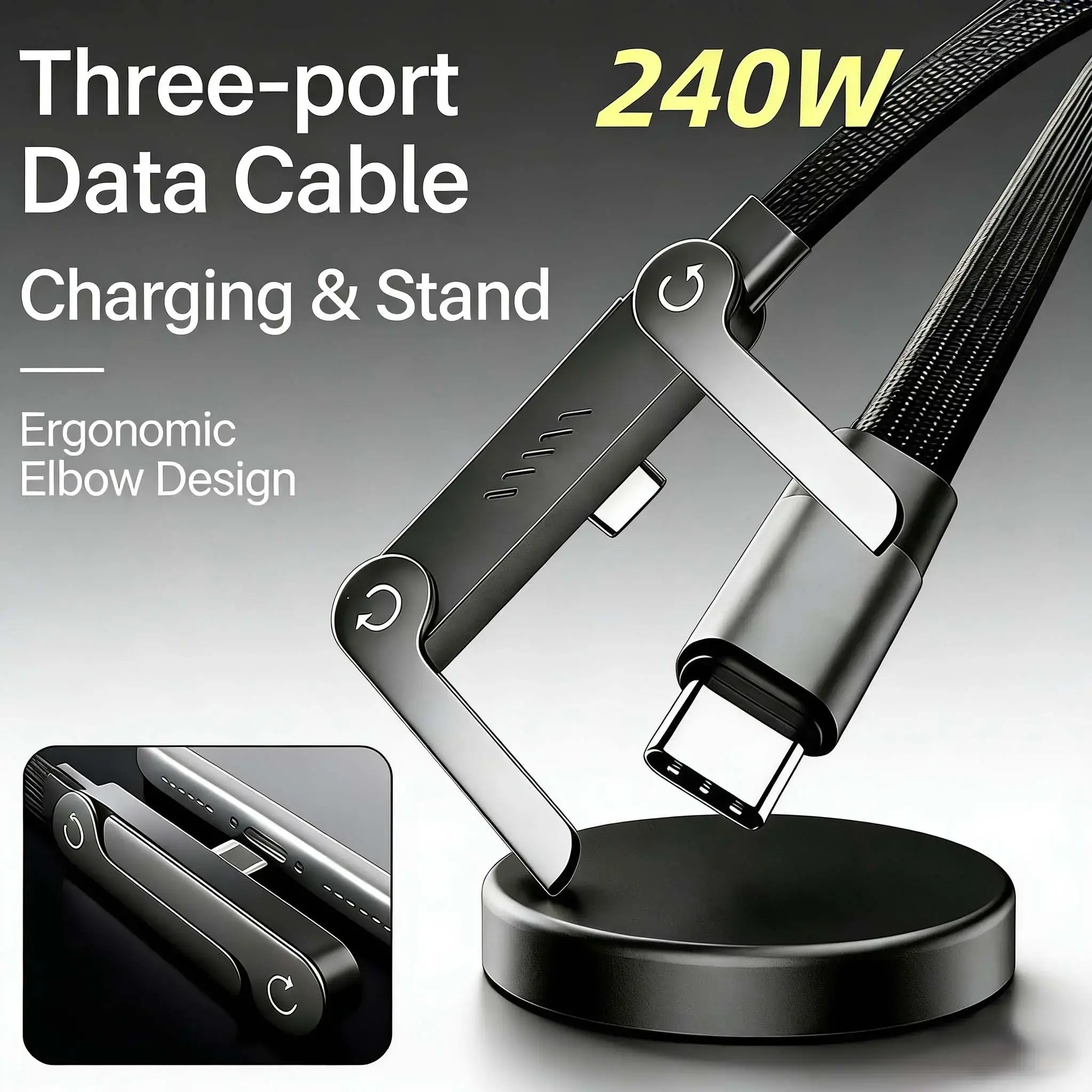 Invisible Holder Charger Cable with Stand, 240w super fast charging 2-in-1 Fast Charging Cord & Phone Stand for Gaming, Office, Car Travel, Compatible with Type-C charging cable Black