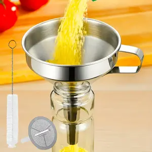 1Set Stainless Steel Funnel with 200 Fine Mesh Strainer - Dishwasher Safe,Ergonomic Handle Dented Stem for Fast Flow - Ideal for Cooking Oil,Liquids,Powders,Transfer Accessories kitchen supplies