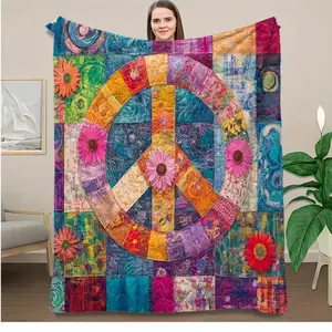 1pc Colorful Peace Symbol Patchwork Quilt - 1960s Retro Psychedelic Floral & Peace Sign Design, Multicolor Soft Polyester All-Season Bedspread/Throw for Sofa, Bed, Camping | Durable Machine-Washable Gift for Home, Office