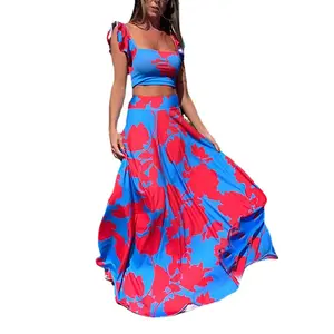 Womens Summer 2 Pieces Outfits Ruffle Floral Tank Top Wrap Boho Tropical Long Skirt Set Clubwear Dresses