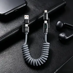 240w 4-In-1 Coiled Charging Cable, LED Display Fast Charge USB C Cable, Retractable Spring Cord for iPhone, iPad, Laptops