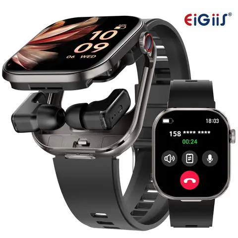 EIGIIS 2-in-1 Smart Watch with Builtin Earbuds, IP67 Rated Multi-Function Device for Men, 2.02" HD Screen, 100+ Sports Modes, Bluetooth Call, Music Player, Message Notification, Timer, iOS/Android Wearable Tech Gift