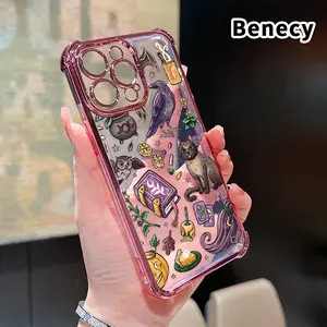 Electroplated Four Corner Anti-Fall Witchy Magic Collection Pattern Phone Case for iPhone 16 Pro Max 15 Plus 14 13 12 11 E Shockproof Transparent Protective Cover