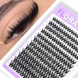 Flora Lash Clusters Short 8-14mm Light Volume Wispy Spiky Eyelash Clusters D Curvature WideSpan DIY Extension with 0.05mm Ultra Thin Black Band