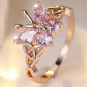 Fashion pink and purple hollow butterfly ring, exquisite small design, wedding engagement gift, birthday anniversary gift, Mother's Day gift