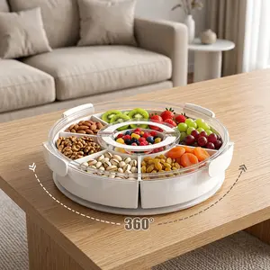 360° Rotating Covered Divided Snack Tray - six divided compartments and rotating base for neat shared serving - snack organizer, fruit tray, divided serving tray, coffee table tray - for living room coffee table snacks and casual family sharing