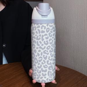 32oz leopard print dual-drink sports water bottle, stainless steel vacuum insulated, large capacity fruit cup, perfect gift for women