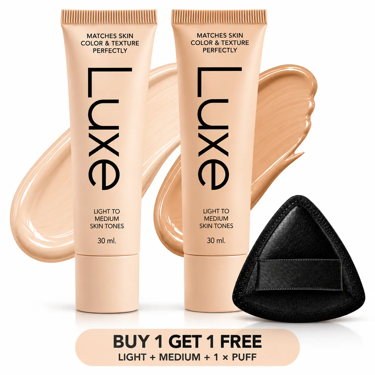 2-Pack Color Changing Foundation Set with Makeup Puff, 30ml Light + Medium Tone-Adapting Liquid Face Makeup, Lightweight Blendable Formula, Natural Dewy Finish for Daily Makeup