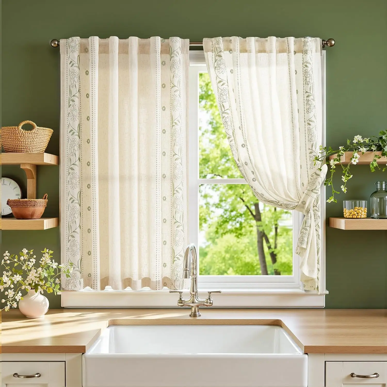 Green Floral Linen Kitchen Tier Curtains 45 Inch Back Tab 2 Panels | Embroidered floral pattern, light filtering, rod pocket, cafe curtains for small window bathroom laundry, cottage farmhouse