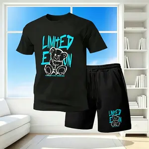 Men’s 2-piece “Limited Edition” bear print outfit, matching short-sleeve T-shirt and shorts set, casual streetwear style, ideal for everyday casual wear, urban fashion, summer outings, and weekend activities.