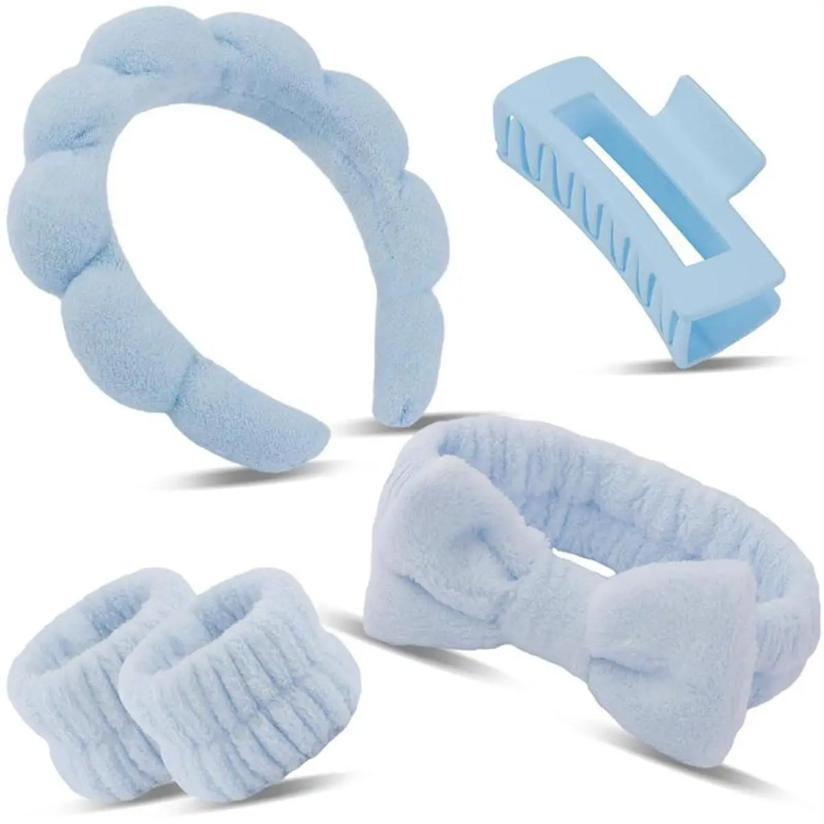 Spa Headband Set with Wrist Spa Bands and Hair Clips, Soft Face Washing Skincare Accessories for Women & Teen Girls, Blue