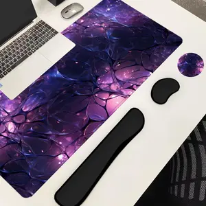 Abstract Purple Pattern Mouse Pad Set, Mouse Pad & Keyboard Wrist Rest & Ergonomic Mouse Pad & Cup-Coaster Set, Desktop Decoration Accessories