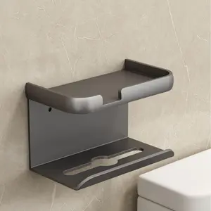 Toilet Paper Holder with Shelf & Phone Holder - 3-in-1 Tissue Holder with Wipes Storage, Self-Adhesive or Screws Mounting, Grey Bathroom Organizer