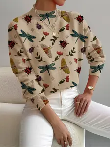 Women's Spring Fall Winter Knit Sweater, Small Stand Collar Color Block Floral Butterfly Insect Embroidery Print, Casual Elegant Commuter Wear