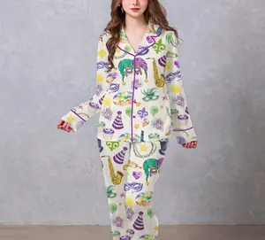 Mardi Gras Satin Pajama Set for Women, Button Up Sleepwear, Festive Loungewear, Gift for Her
