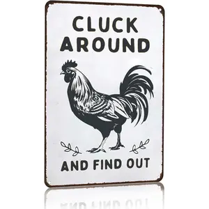 Cluck Around And Find Out Rooster Metal Sign 8x12in, Funny Vintage Farmhouse Chicken Wall Decor, Rustic Black White Rooster Plaque for Coop, Barn, Kitchen, Backyard, Farm Lover Gift