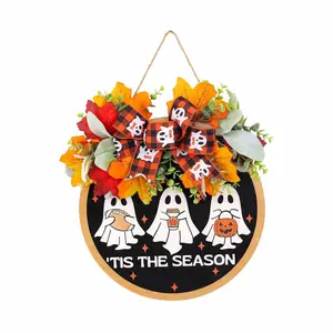 Halloween Fall Faux Flower Wreath Door Hanging Decoration, Ghost Wooden Plaque Craft for Party Decor, Home Wall Art