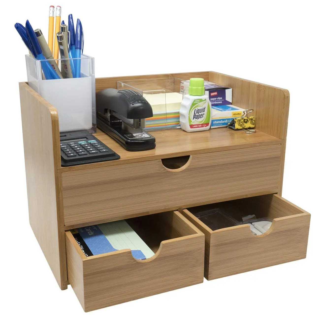 Sorbus Bamboo Office Desk Organizer - 3-Tier Wood Shelf with Drawer, Storage for Stationery, Small Items