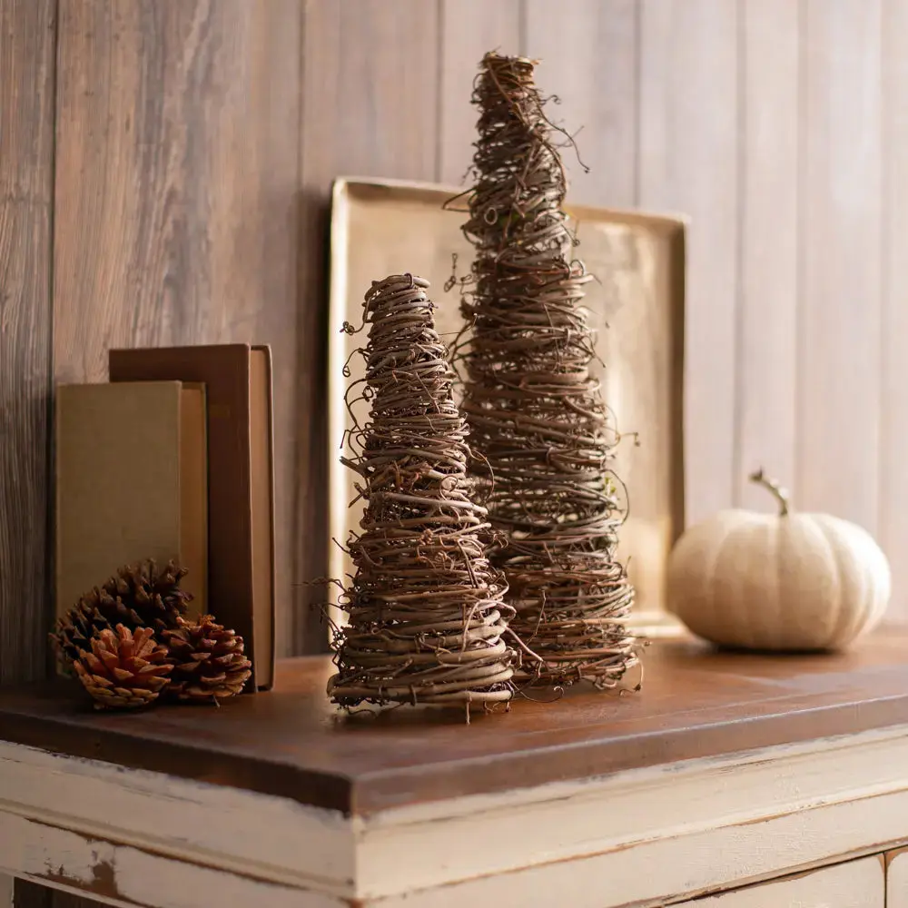 Traditional Lightweight Natural Grapevine Twig Christmas Tree Topiary Decor Set - Holiday Tabletop, Mantle Centerpiece, Available in 2 Sizes, Topiaries Option, Nature-Inspired
