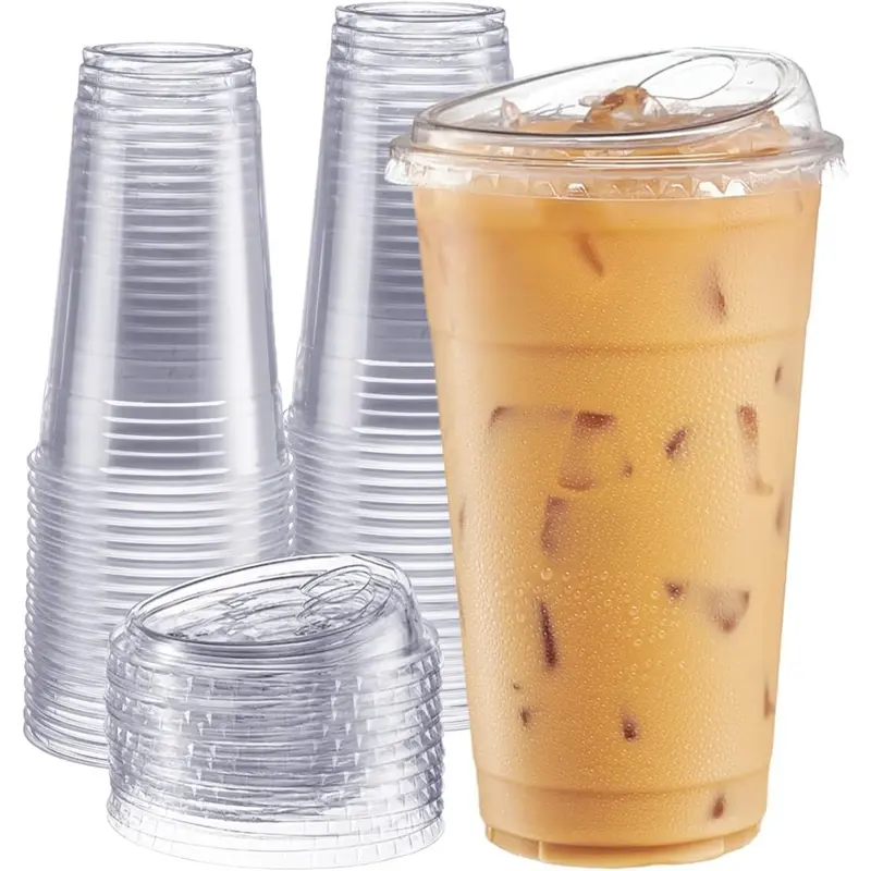 100 Sets Crystal Clear Plastic Cups With Strawless Sip-Lids