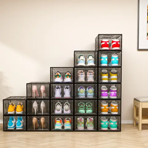7CODE 12-Pack Transparent Hard Plastic Shoe Storage Holders & Racks Set - Magnetic Acrylic Flip-Top Lid Design, Wear-Resistant Closet Organizer for Home Shoe Organization