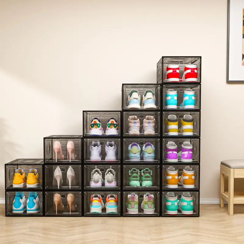 7CODE 12-Pack Transparent Hard Plastic Shoe Storage Holders & Racks Set - Magnetic Acrylic Flip-Top Lid Design, Wear-Resistant Closet Organizer for Home Shoe Organization