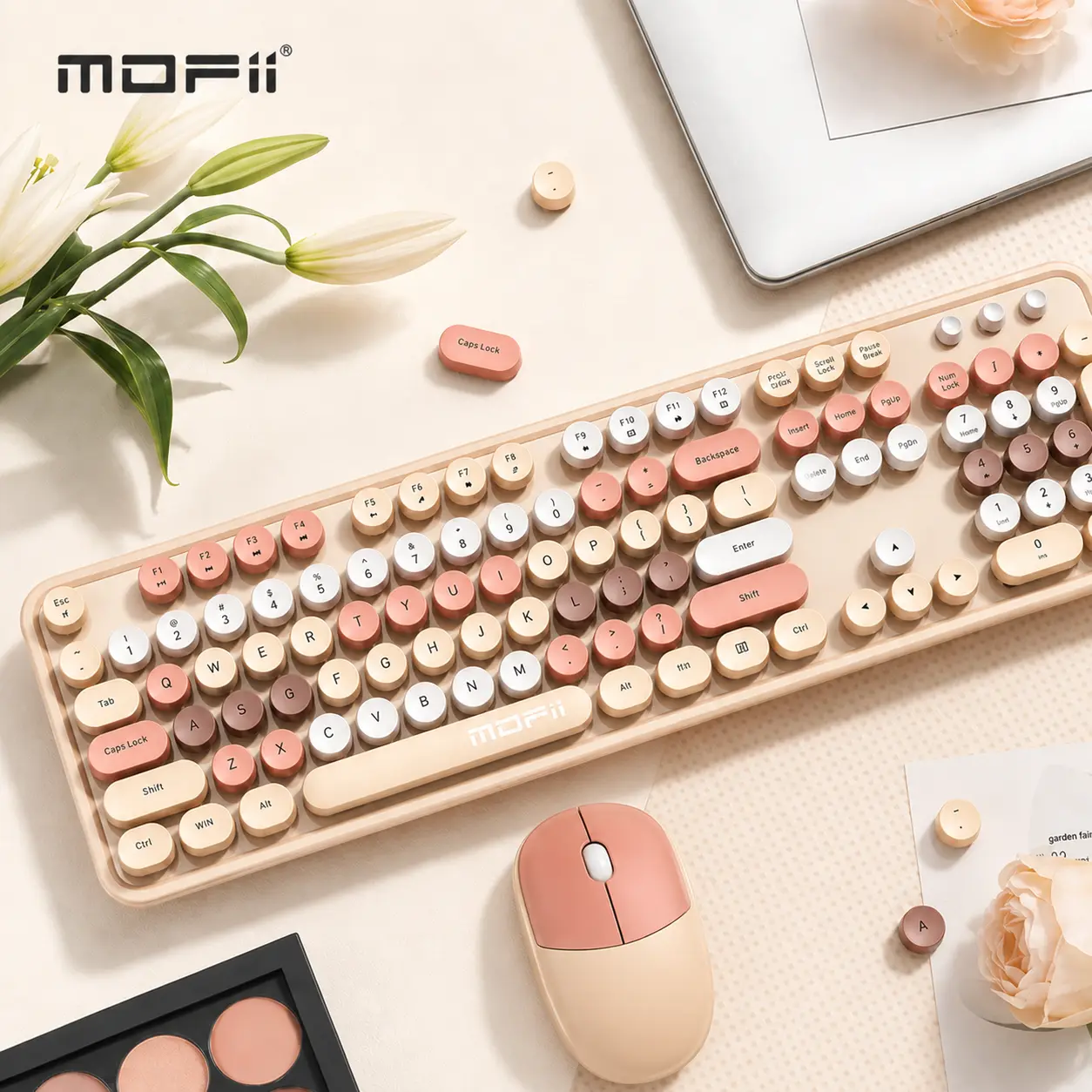 MOFII Wireless Keyboard and Mouse Combo, Full-Size Retro Typewriter-Style Wireless Keyboard with Optical Mouse for Computer/Laptop/Windows/Mac (Milk Tea Colorful-B)