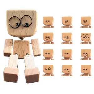 Shaking Wooden Man, Shaking Wooden Man Figurine for Car Dashboard, Handmade Shak Feet Woodens Doll, Funny Cars Ornaments Wood Desktop Decor, Car Accessory, Car Dashboard Accessories with 12PCS Magnetic Expressions