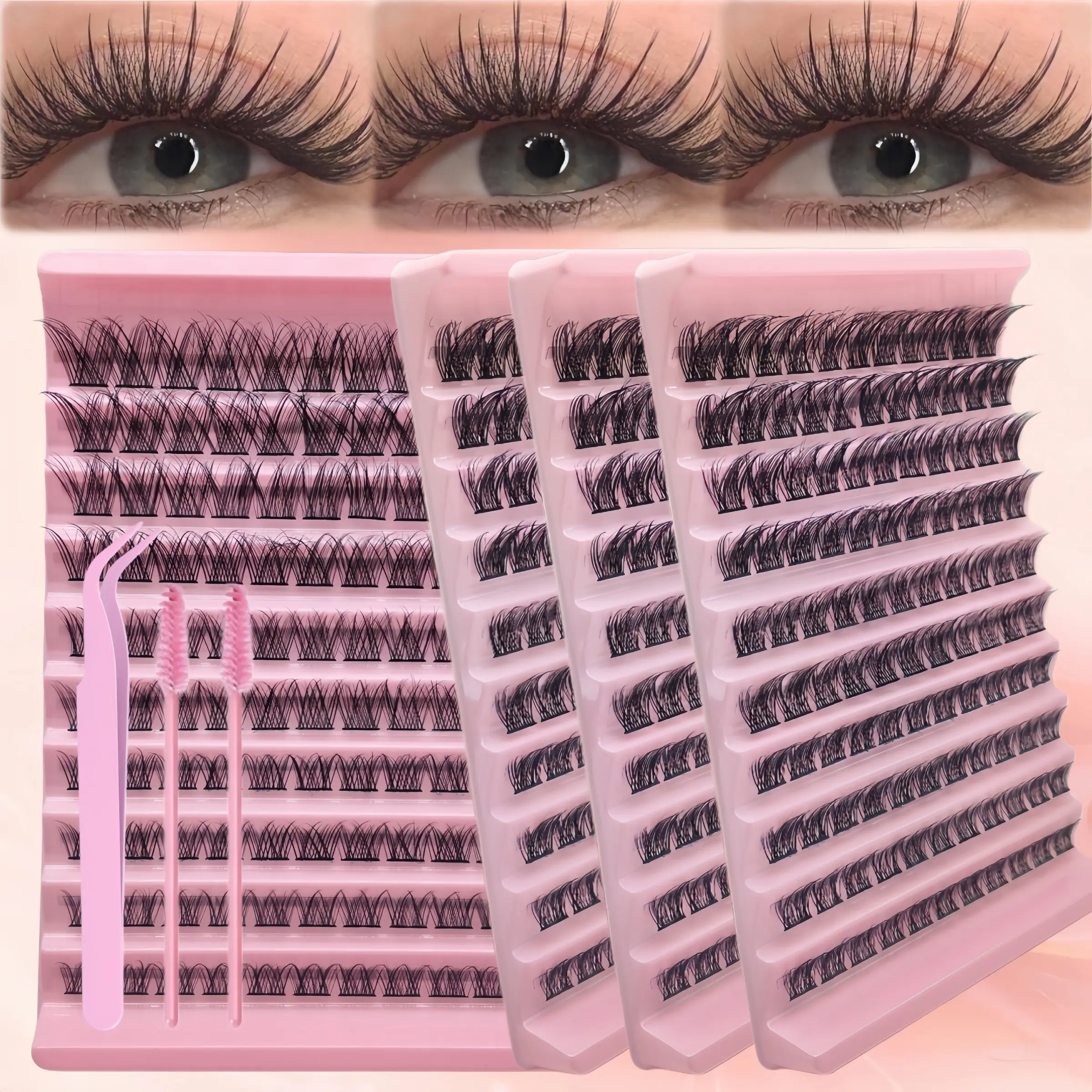 110pcs D Curl Wide Band Cluster Eyelashes Kit, Natural & Fluffy & Soft, DIY Eyelash Extensions with Tweezers & 2 Brushes, Beginner Friendly, Fluffy False Eyelashes