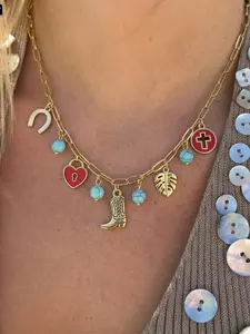 Western Cowboy Boho Style Stainless Steel Multi-Pendant Necklace, Boot Heart Horse Shoe Pendants, Perfect Gift for Women Daily Wear